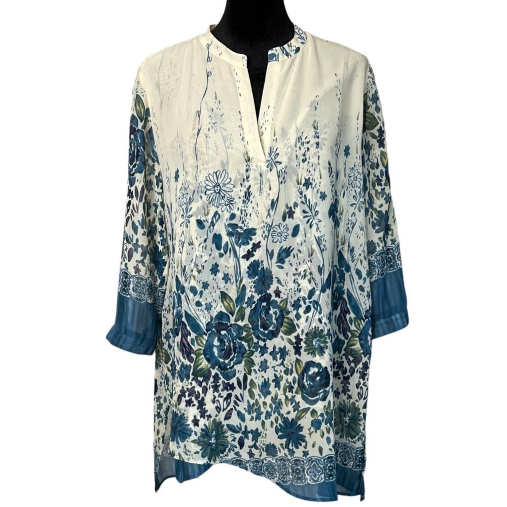 Soft Surroundings Sheer Blue Ivory Floral Wildflower Tunic Top Shirt Size PM